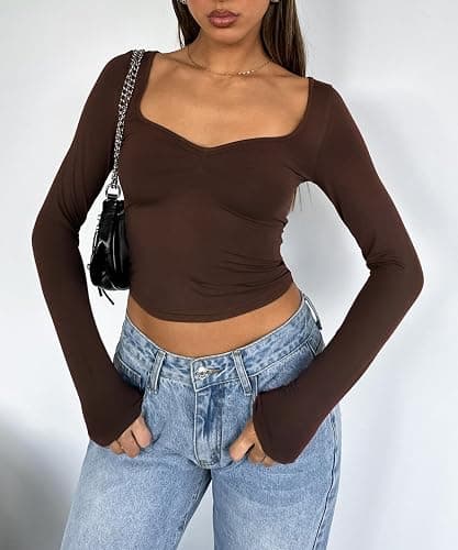 ForeFair Women's Sexy Long Sleeve Going Out Tops Pleated Bustier Shirt Cute Sweetheart Neck Y2K Cropped Top thumbnail 6