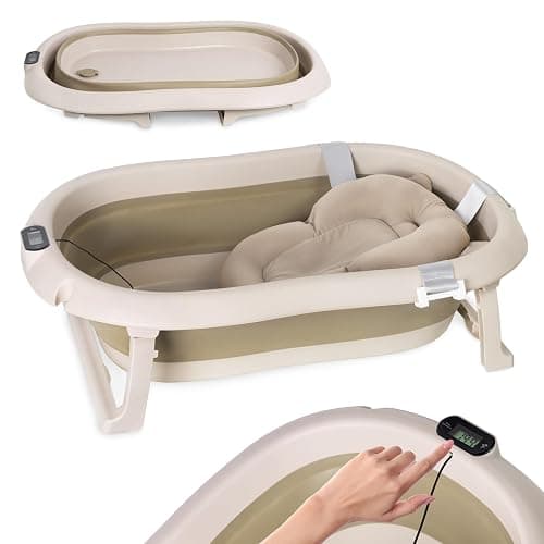 Baignoire pour bébé Pliable - Baignoire pour bébé beige avec thermomètre et coussin de bain - Baignoire pour bébé de 80 cm pour enfants de 0 à 36 mois - Baignoire pour enfant portable antidérapante - Image 1