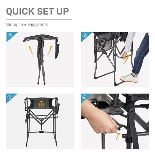 EVER ADVANCED Portable 30.7" Seat Height Tall Folding Camping Chair Directors Chair High Foldable Bar Stool with Side Table for Makeup Artist, Sports Event, Craft Show, Supports 350LBS Black Grey thumbnail 8