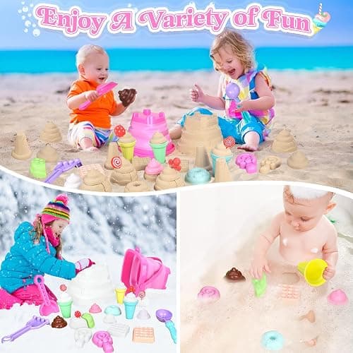 Collapsible Beach Toys Set for Kids Toddlers Girls, Collapsible Sand Bucket and Shovels Set with Mesh Bag & Sand Molds, Ice Cream Travel Sand Toys for Beach, Sandbox Toys for Toddlers Kids Age 3-10 thumbnail 6