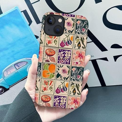 TnXee Case Compatible with iPhone 15,Compatible with MagSafe,Fall Prevention Hybrid 2-Layer Hard Shell Cases for Girls Boys,Vintage Flower Orange Stamp Collage thumbnail 6