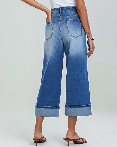 GRAPENT Wide Leg Jeans for Women High Waisted Stretchy Denim Crop Pants Fold Hem Cropped Baggy Jeans with Pockets thumbnail 4