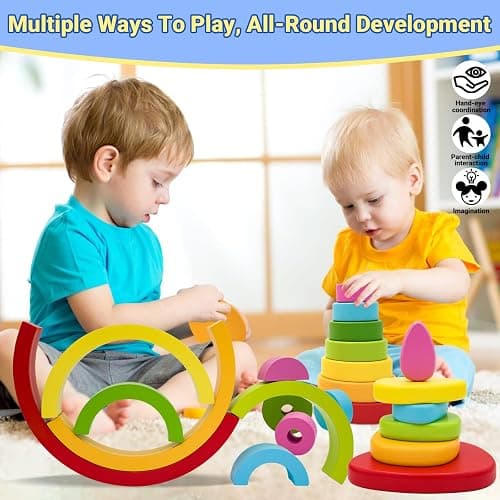 MEGRANATE Montessori Wooden Rainbow Stacking Toys for Kids Wood Building Blocks Nesting Puzzle Toy Colorful Stacker Arch Game Sensory Educational Learning Toys for 3+ Year Old Kids thumbnail 6