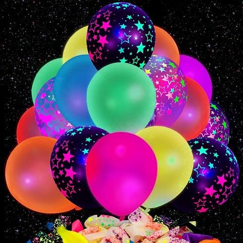 LovesTown 66PCS UV Neon Balloons Assorted, Glow Party Latex Balloons 12" Fluorescent Balloons with Stars for Birthday Wedding Glow Party Supplies - Image 1