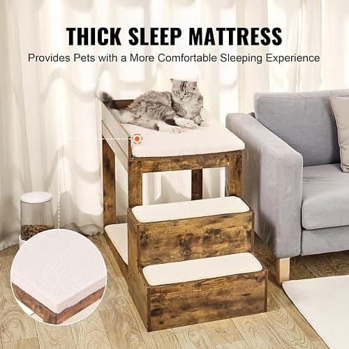 VEVOR Pet Bunk Bed with Stairs, Dog/Cat Window Perch for High Beds and Couches, Medium Multi-Level 3 Step Dog Seat Platform Sleeper Couch, Practical for Modern Homes (Rustic Brown) thumbnail 6