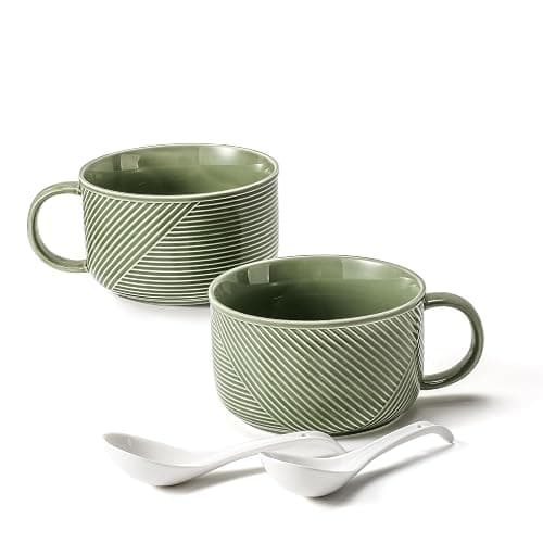 Adewnest Soup Bowls with Handles, Microwave Safe 38 Oz, Green | Extra Large Ceramic Soup Mug with Handle & Spoon - Oversized Ramen Bowl Set of 2, 6 Inch - Image 1