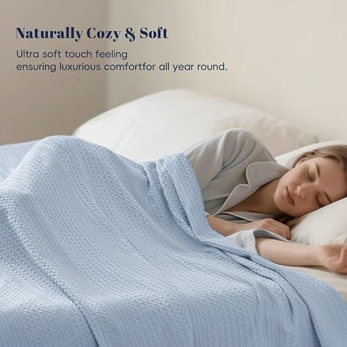 PHF Lightweight Waffle Weave Blanket Queen Size, Breathable & Ultra Soft, 90"x 90" Soft & Cozy Thin Blanket for Spring & Summer & Hot Sleepers, Bed, Home Decor - Sky Blue thumbnail 7