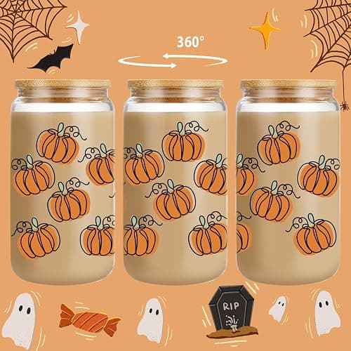LEADO Pumpkin Cup - Fall Gifts, Halloween Glass Cup, Fall Basket Stuffers | Pumpkin, Birthday, Fall Gifts for Women, Adults, Halloween Boo Basket, Halloween Iced Coffee Cup, 16 oz Thanksgiving Tumbler thumbnail 2