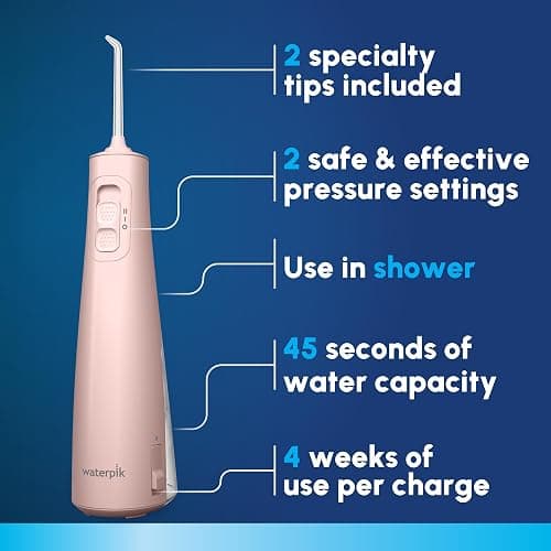 Waterpik Cordless Pulse Rechargeable Portable Water Flosser for Teeth, Gums, Braces Care and Travel with 2 Flossing Tips, Waterproof, ADA Accepted, WF-20 Pink, Packaging May Vary thumbnail 2