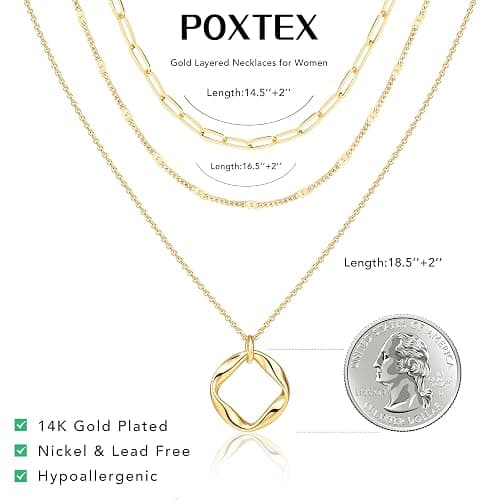 Poxtex Layered Gold Necklaces for Women, Stackable Dainty 14K Gold Silver Plated Trendy Simple Heart Diamond Cross Bow Circle Pendant Paperclip Choker Dot Chain Necklace,Jewelry Set Gifts for Women thumbnail 6