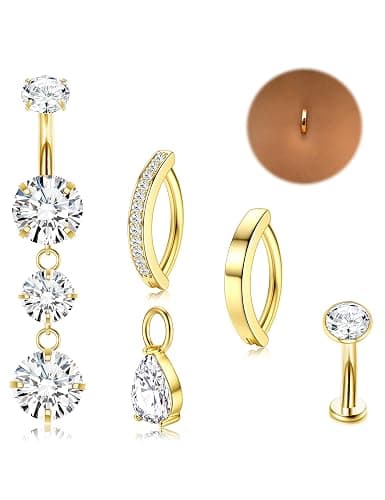 LOLIAS Gold Belly Button Ring - 14G Surgical Stainless Steel Belly Rings Hypoallergenic Clicker Belly Button Piercings for Women CZ Dangle Belly Button Rings Navel Piercing Pack Silver/Gold - Image 1