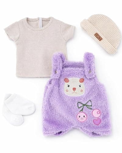 BABESIDE 4-Piece Baby Doll Clothes for 17-20 Inch Dolls, Purple Bear Outfit | Purple Bear Doll Outfit with Striped Top, Overalls, Bear-Ear Hat and Socks for Dress-Up and Pretend Play - Image 1