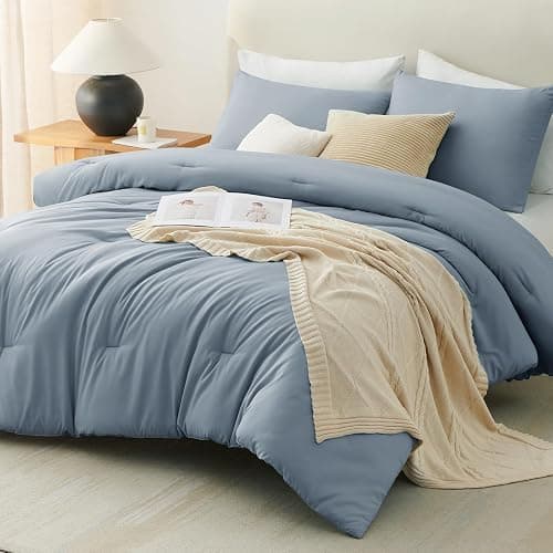 CozyLux Grayish Blue Full Size Comforter Set, 3 Pieces Dusty Blue Solid Breathable Quilted Bedding Sets, Luxury Soft Bed Set with Down Alternative Comforter All Season (1 Comforter & 2 Pillowcases) thumbnail 9