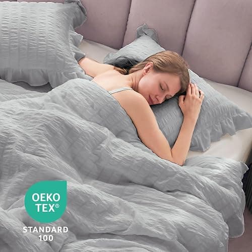 JOLLYVOGUE Light Grey Comforter Full Size, 3 Pieces Seersucker Lightweight Full Size Bedding, All Season Fluffy Microfiber Bedding Comforter Set with 1 Ruffle Comforter and 2 Ruffle Pillowshams thumbnail 7