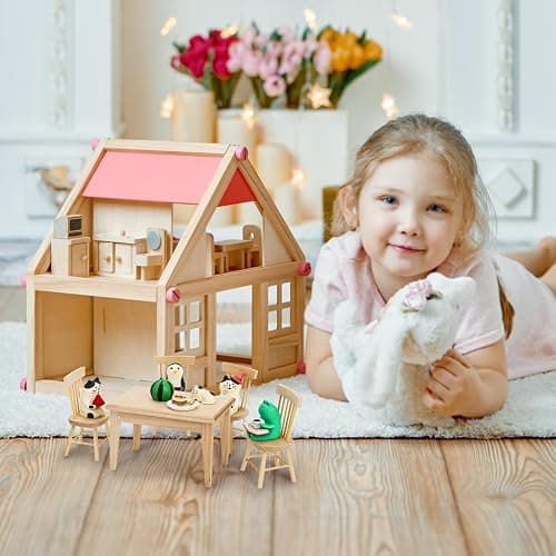 Nicunom Dollhouse Dining Room Furniture Set, 1/12 Scale Miniature Table and 4 Chairs, Wooden Doll House Accessories thumbnail 7