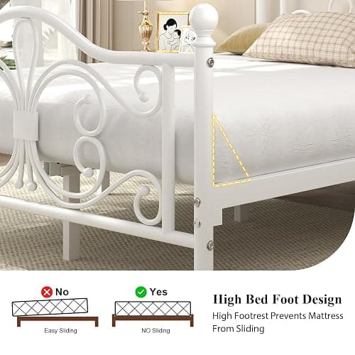 LoVinson Queen Bed Frame, Metal Platform Bed with Butterfly Pattern Design Headboard & Footboard, Heavy Duty Metal Slats, Easy Assembly, No Box Spring Needed, White thumbnail 7