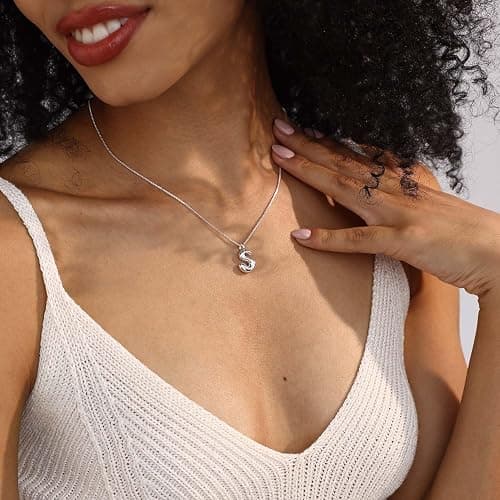 Thaivor Bubble Gold Silver Letter Necklace Initial Necklaces for Women Trendy 14K Dainty Charm Pendant Name Necklace Personalized Jewelry Gift for Women Teen thumbnail 7