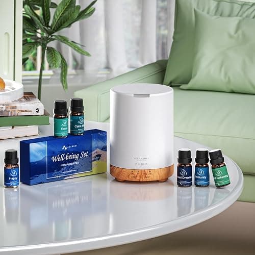 ASAKUKI Essential Oil Diffuser, Aromatherapy Cool Mist Home Humidifier with 7 LED Color Changing Light and Auto-Off Safety Switch, 6 Essential Oils Set, 300ml (Brown with Oils) thumbnail 2
