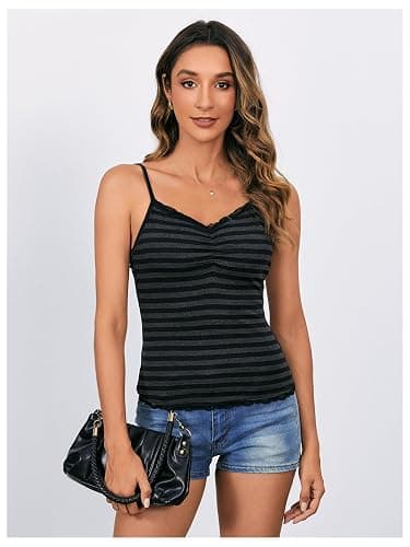 SOLY HUX Women's Striped Lace Trim Camisole Tops Y2k Grunge Alt Tank Top | Sleeveless, V Neck, Slim Fitted, Gothic Style, 2000s thumbnail 5