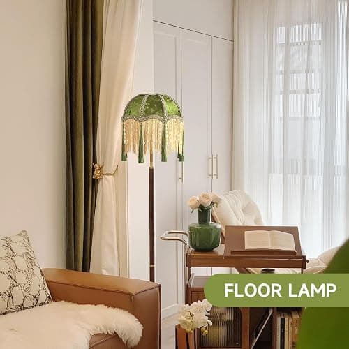 xiaojuande-Lampshade with tassels, Premium Classic Victorian, Style Bell Shape Scallop velvet top replacement lamp,9.8“Width 11.3”height(olive green) thumbnail 2