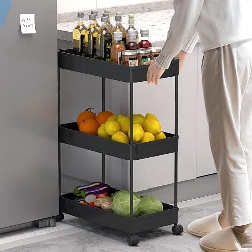 SPACELEAD 3 Tier Rolling Cart with Wheels, Storage Craft Art Trolley Organizer Serving, 3 Hanging Baskets Easy Assembly, for Office, Bathroom，Living Room, Kitchen, Black thumbnail 6