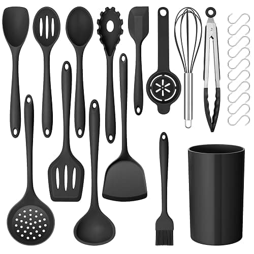 Onader Black Kitchen Utensils Set, 24 Pcs Silicone Cooking Utensils with 10 Hooks, Heat Proof Kitchen Tools Include Spatula Spoon Turner Tong for Non-Stick Cookware - Image 1