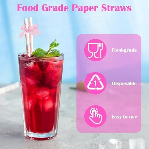 30Pcs Pink Paper Straws for Drinking, Cute Pink Bow Party Straws Bulk for Juice Coffee Tea Cocktail Milkshake thumbnail 4