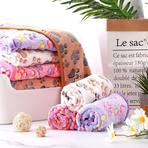 Tatuo 4 Pcs Dog Blanket for Pet Puppy Teething Toys Paw Print Fleece Blanket for Pet Cat Soft Warm Sleep Mat Guinea Pig Cage Mat(Small(24 x 16 Inch),White, Coffee, Pink, Purple) thumbnail 2