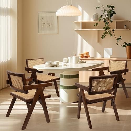 CLATINA Rattan Reading Chair for Bedroom Comfy Indoor Kitchen Dining Chair with Rattan Backrest Armrest Morden Upholstered Seat Wood Chair for Home Living Room Farmhouse Restaurant(1PK) - 1PK - Light Beige thumbnail 8