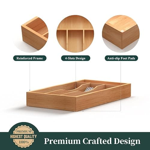 BEKVEM Small Silverware Organizer, Bamboo Kitchen Drawer Organizer, Utensil Holder, Cutlery Tray & Spoon Flatware Storage with Grooved Drawer Dividers thumbnail 4