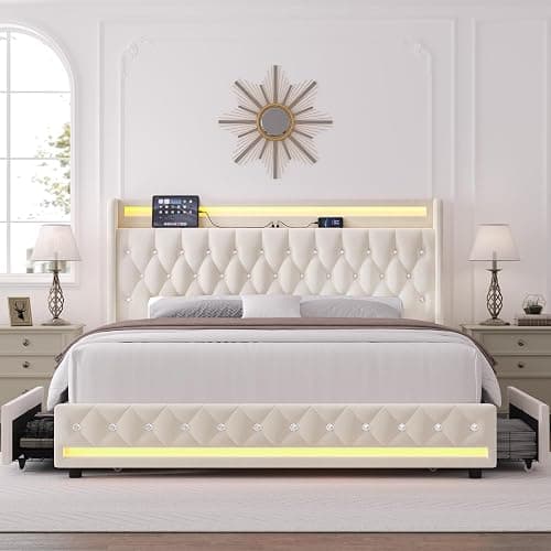 HIFIT King LED Bed Frame with Charging Station and 4 Storage Drawers, Velvet Upholstered Platform Bed with Handcrafted Crystal Button Wingback Headboard, Metal Frame with No Box Spring Needed, Beige thumbnail 4