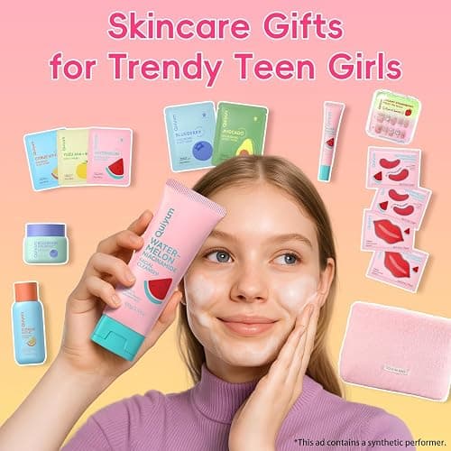QUIYUM Fruit Skincare Set -with Pink Plush Makeup Bag & Strawberry Nail Art | Hydrate Moisturize Glow Oil Control Facial Care, Spa-Like at Home, Perfect Teen Girl Gifts Trendy Stuff, Birthday Gift thumbnail 3