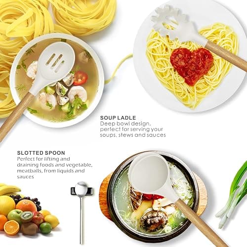 Silicone Cooking Utensils Set - 446°F Heat Resistant Silicone Kitchen Utensils for Cooking,Kitchen Utensil Spatula Set w Wooden Handles and Holder for Non-Stick Cookware (Cream White) thumbnail 3