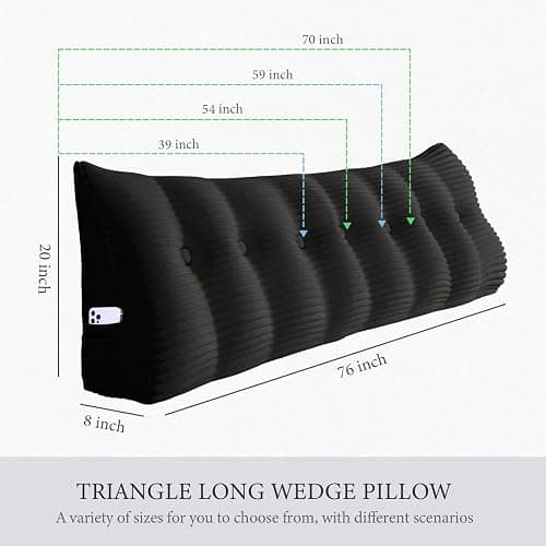 homecozy Wedge Headboard Pillow Dorm Room Reading Pillow Back Support for Sitting Up in Bed Bolster Lumbar Cushion Body Positioning Bedrest Corduroy (Black, Twin (39 * 8 * 20in)) thumbnail 2