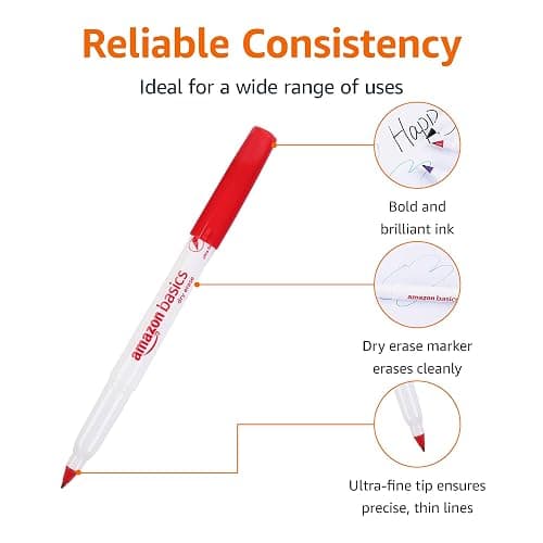 Amazon Basics Low Odor Ultra Fine Tip Dry Erase White Board Markers, Assorted Colors, 12-Pack thumbnail 4