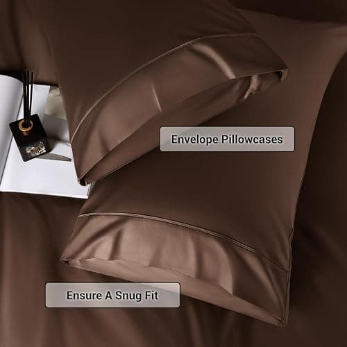Shilucheng 4 Piece Queen Sheet Sets, Cooling Sheets, Blend Rayon Derived from Bamboo, Deep Pocket Up to 16", Breathable & Soft Bed Sheets, Hotel Silky Bedding Set, Brown thumbnail 4