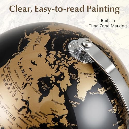 Toolsempire 8" World Globe, Black Earth Globe with Gold Accents, Metal Stand, Non-slip Base & Time Zone, Decorative Tabletop Desk Globes for Classroom, Office & Home thumbnail 5