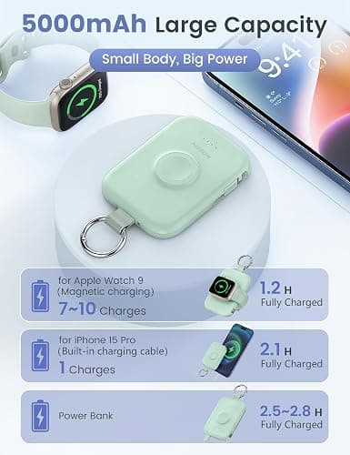 RORRY CharmGo Portable Charger, 5000mAh Portable Charger Power Bank | Built-in Cables,Travel Keychain Battery Pack Essentials for Apple Watch 1~12 Series/Ultra/SE & iPhone 18 Pro Max/17/16/15 thumbnail 3