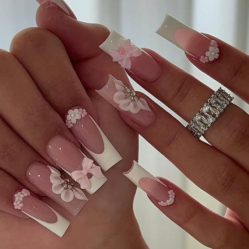 Jremg White French Tip Press on Nails Long Square Fake Nails with 3D Flowers Rhinestones Designs Glossy Cute Pink Bow Charms False Nails Reusable Nude Pink Full Cover Glue on Nails for Women 24Pcs thumbnail 4