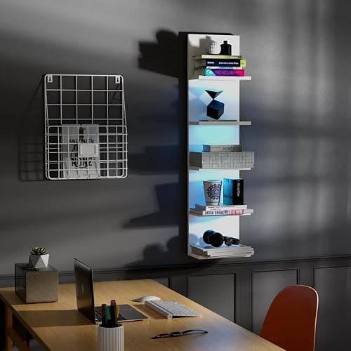 VIWODS 5-Tier Wall Shelf Unit with RGB Light, Floating Lack Shelf for Wall Storage, Wall Mounted Vertical Display Shelf for Bedroom Living Room Vanity, White - White thumbnail 7