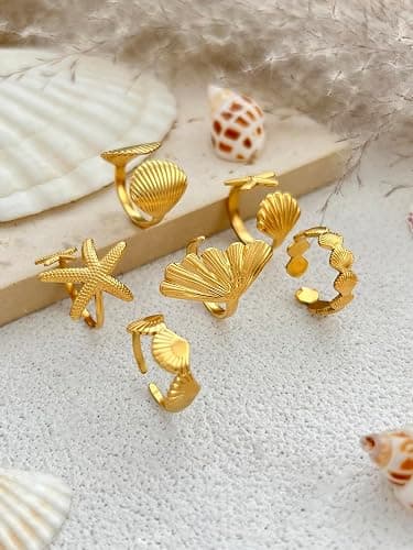 Inactwin 6PCS Chunky Gold Starfish Shell Rings for Women Trendy Dainty Summer Beach Stackable Stainless Steel Ring Surfer Fashion Statement Beachy Boho Jewelry Gifts thumbnail 7