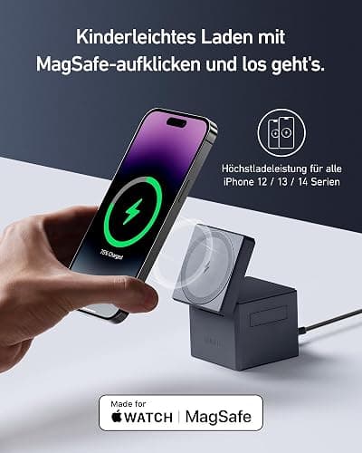 Anker 3-in-1 Cube mit MagSafe Ladestation, 15W Wireless iPhone Charger, Induktive Ladestation für Apple Watch und iPhone 17/16/15/14/13/12, AirPods Pro/3/2 (Inklusive 30W Ladegerät) thumbnail 2