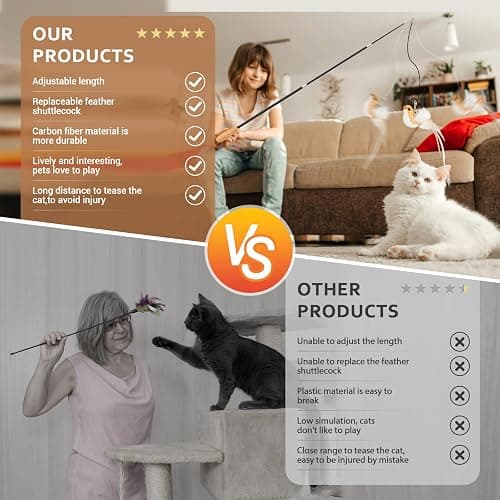 ROSAUI Cat Teaser Wand Toys, Interactive Bird Toys for Indoor Kittens, 42.15’’ Long Cat Fishing Pole Toys, 2Pcs Wires and 5Pcs Natural Refills, Sustainable Wooden Handles, Exercising, Playing thumbnail 6