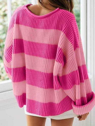 Simier Fariry Women Fall Oversized Pullover Sweater Drop Shoulder Long Sleeve Comfy Knitwear Retro Stripe Casual Outfit 2025 thumbnail 3