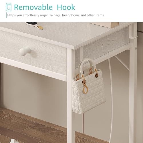 KAI-ROAD White Makeup Vanity Desk No Mirror with Chair, Small Vanity Table Set with Fabric Drawers, Power Outlet & Chair Without Mirror, Modern Make Up Desk for Girls Bedroom thumbnail 5