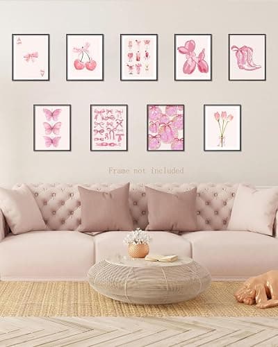 Ucninvd Pink Bow Wall Art Posters Set of 9 Trendy Coquette Preppy Wall Decor Paintings Disco Ball Girly Room Decor Aesthetic Canvas Pictures Prints for Bathroom Living Room Dorm 8x10Inch Unframed thumbnail 2