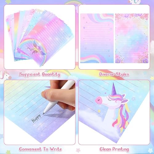 Outus 160 Pcs Rainbow Unicorn Stationary Set 50 Unicorn Writing Papers with 50 Envelopes and 60 Round Stickers Writing Stationery Paper Gift for Girls Kids Birthday Invitations School Mail Supplies thumbnail 4