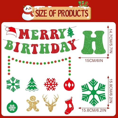 Gameza Christmas Birthday Decorations, 15PCS Glittery Merry Birthday Banners Hanging Swirls Decor, Xmas Happy Bday Party Decor for Girls Boys thumbnail 3