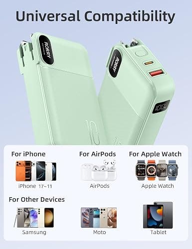 RORRY Portable Charger Built in Cables, AC Wall Plug In Portable Charger Power Bank 10000mAh Travel Battery Pack 22.5W Fast Charging for iPhone 17/16/15 Samsung Galaxy S24/S23/S22 Pixel LG iPad, Green thumbnail 7