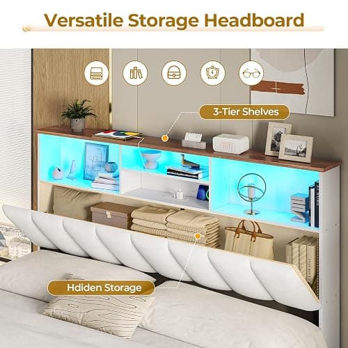 VIAGDO Full Size Bed Frame with Bookcase Headboard, Wooden Bed Frame Full Size with Charging Station, 4 Storage Drawers and LED Lights, with Type-C and USB, No Box Spring Needed, White thumbnail 3
